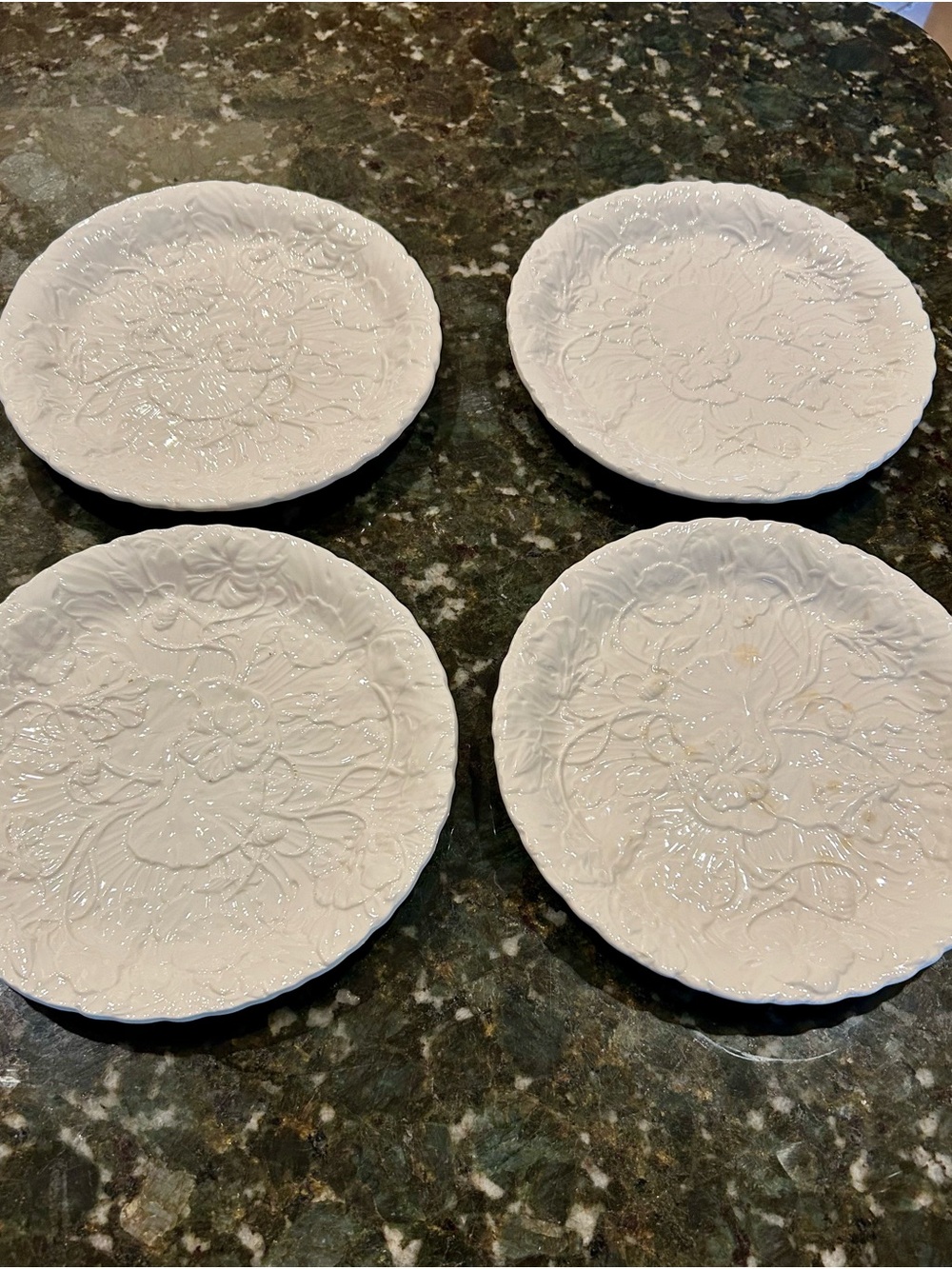 Vintage Set of 4 Cream Embossed Floral 8”Salad or Dessert Plates